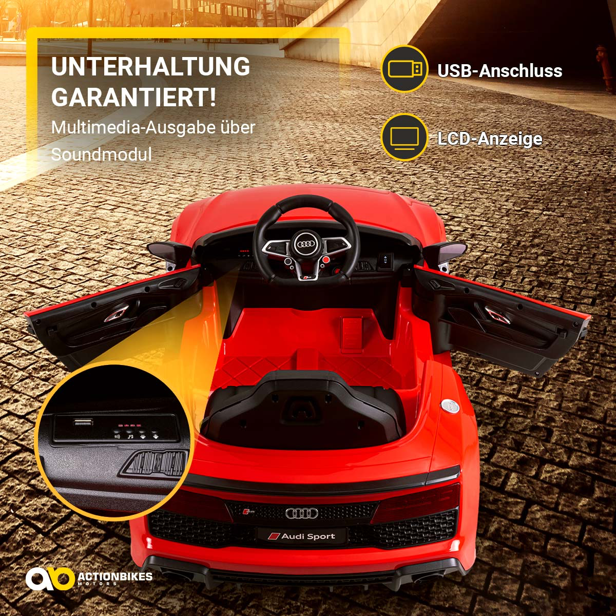 Kinder-Elektroauto Audi R8 Spyder lizenziert, 60 Watt, LED-Scheinwerfer, Musik, Hupe, Fernbedienung