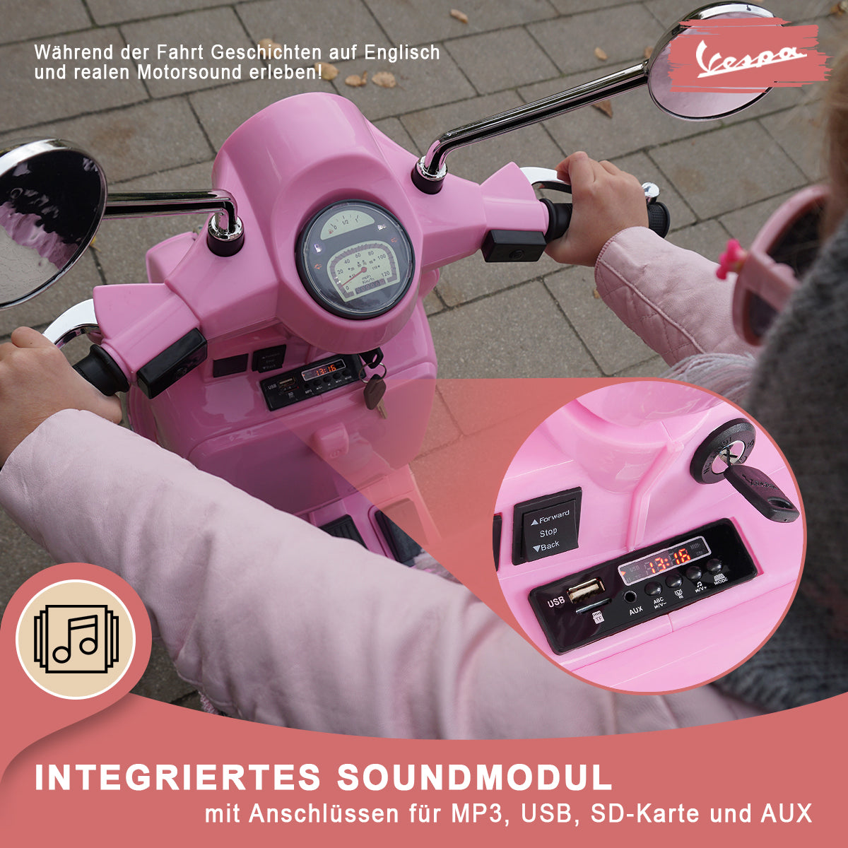 Kinder-Elektroroller Vespa, lizenziert, EVA-Reifen, LED-Scheinwerfer, Koffer, Soundmodul, Stützräder