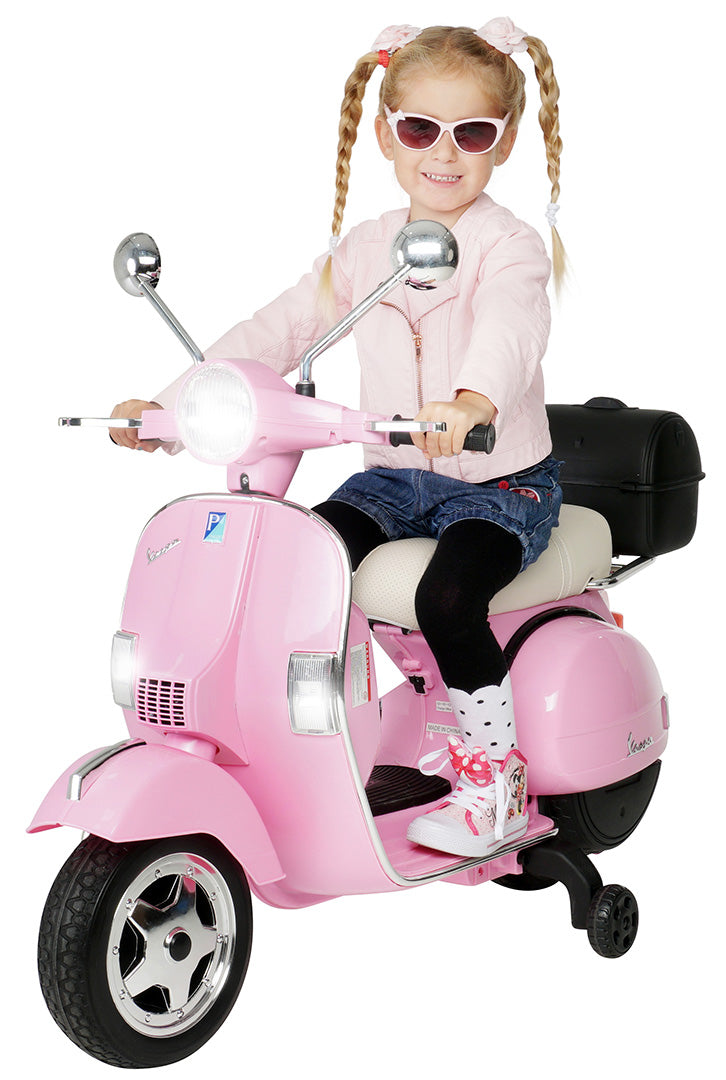 Kinder-Elektroroller Vespa, lizenziert, EVA-Reifen, LED-Scheinwerfer, Koffer, Soundmodul, Stützräder