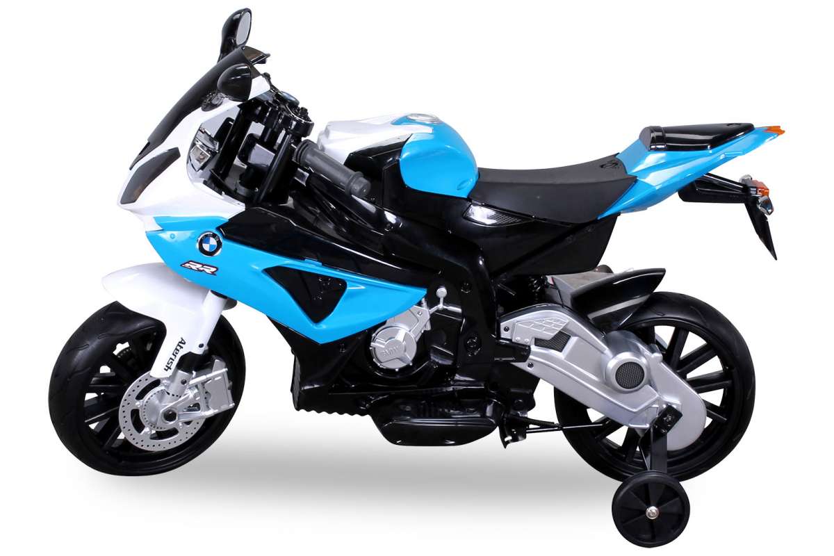 Kindermotorrad BMW S 1000 RR, lizenziert, 70 Watt, EVA-Vollgummireifen, Stützräder, 12 V, Soundmodul