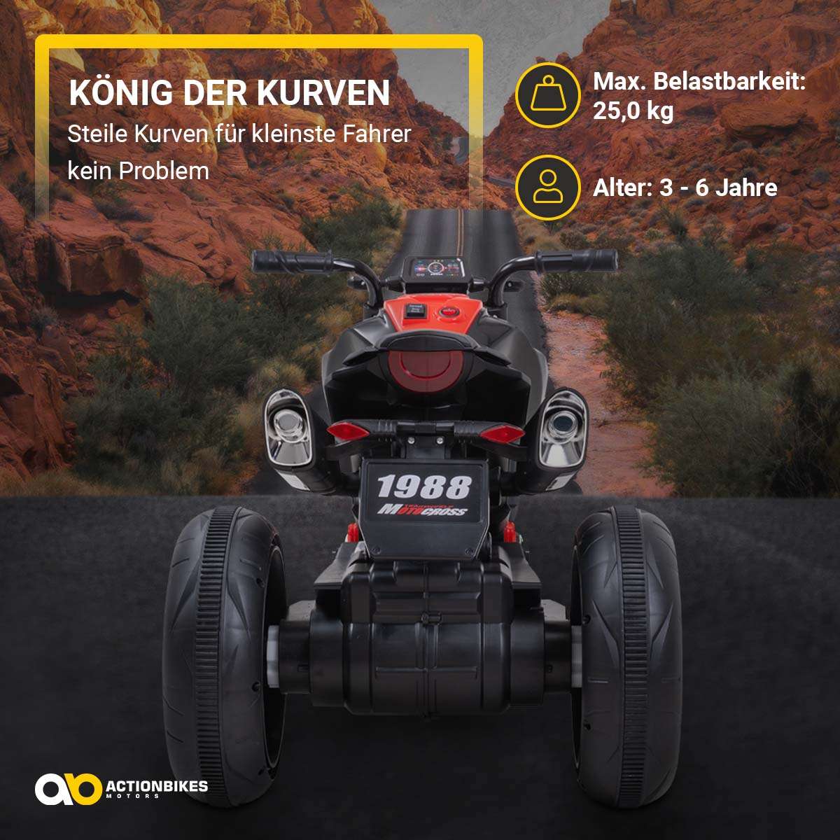 Kindermotorrad Cruiserbike, Motorsound, Bremsautomatik, 36 Watt, 2x 6 Volt, Hartplastikreifen, LED