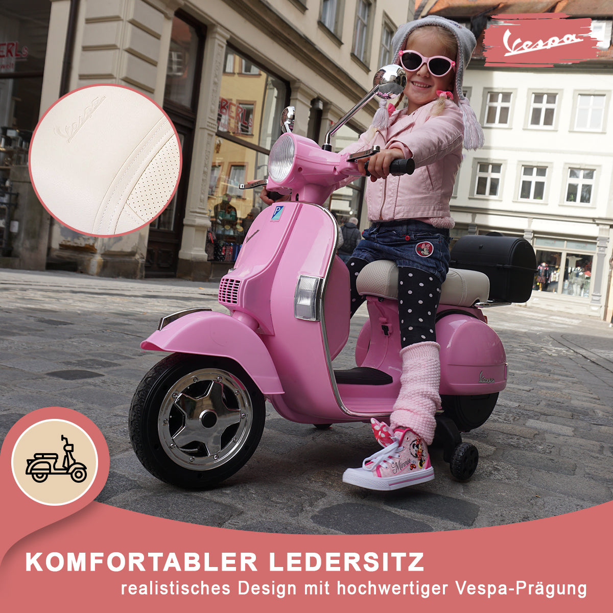 Kinder-Elektroroller Vespa, lizenziert, EVA-Reifen, LED-Scheinwerfer, Koffer, Soundmodul, Stützräder