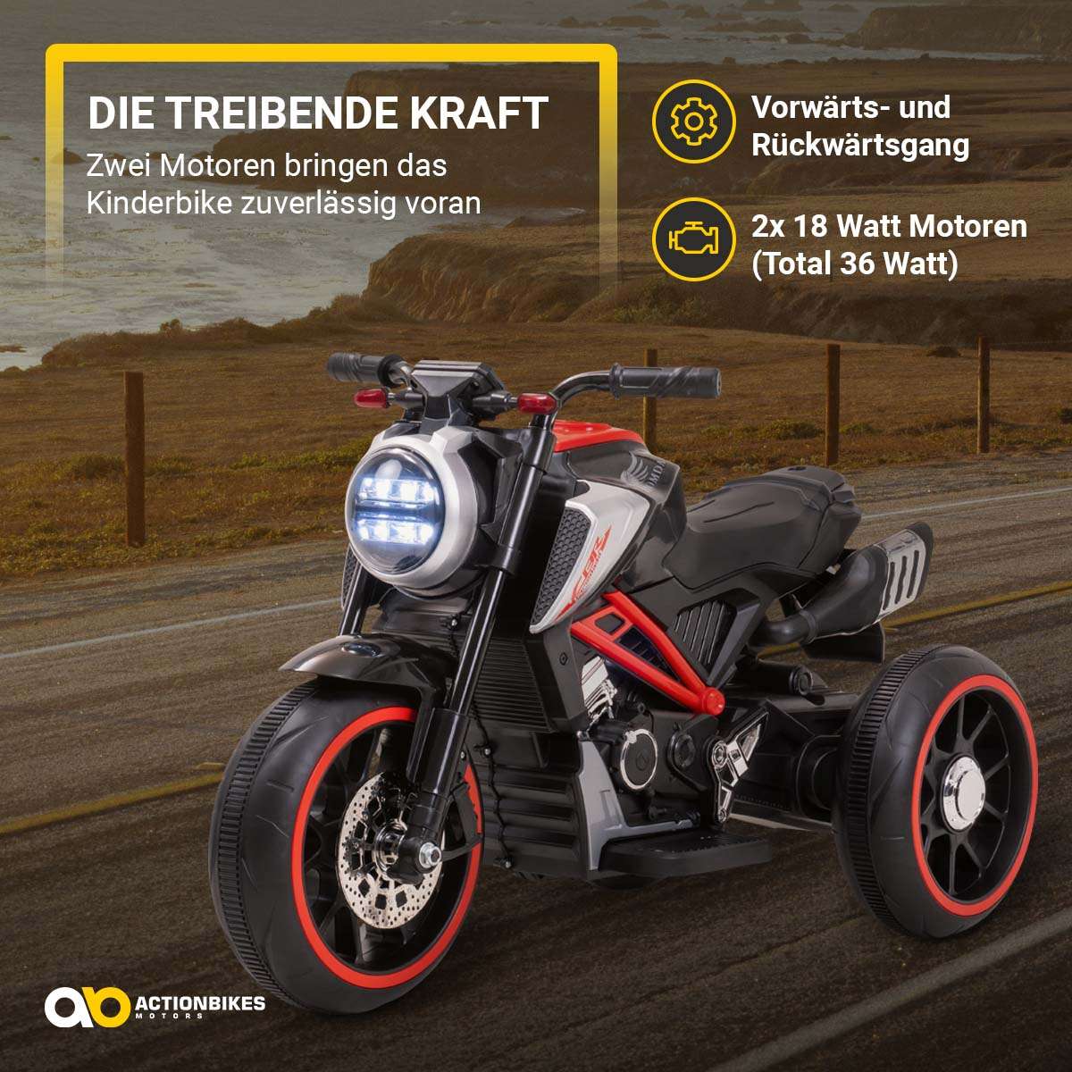 Kindermotorrad Cruiserbike, Motorsound, Bremsautomatik, 36 Watt, 2x 6 Volt, Hartplastikreifen, LED