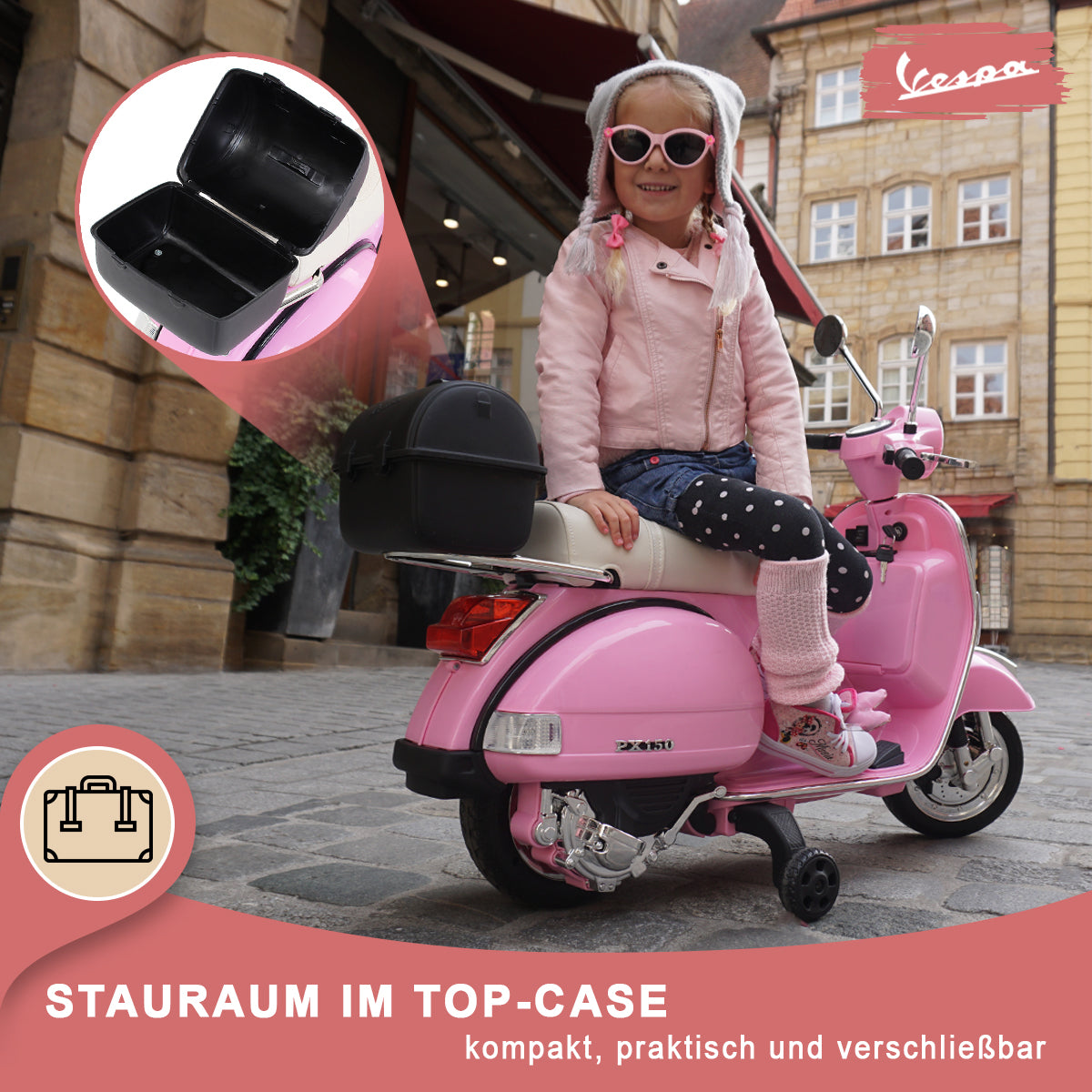 Kinder-Elektroroller Vespa, lizenziert, EVA-Reifen, LED-Scheinwerfer, Koffer, Soundmodul, Stützräder