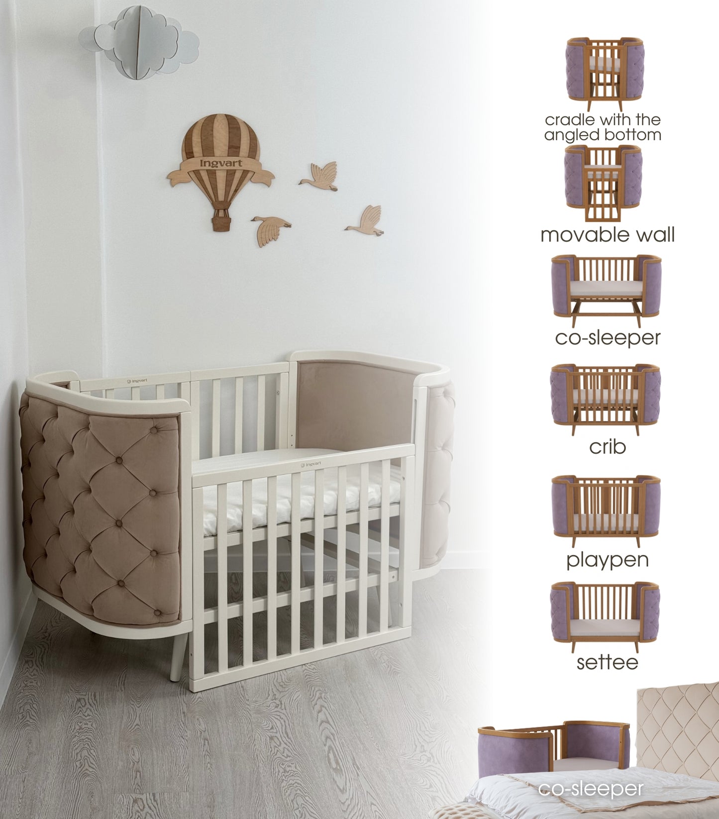 Boho-Verwandlungsbett mit Kutschenbett und beweglicher Wand (milchiger Korpus, warmer beigefarbener matter Veloursstoff)