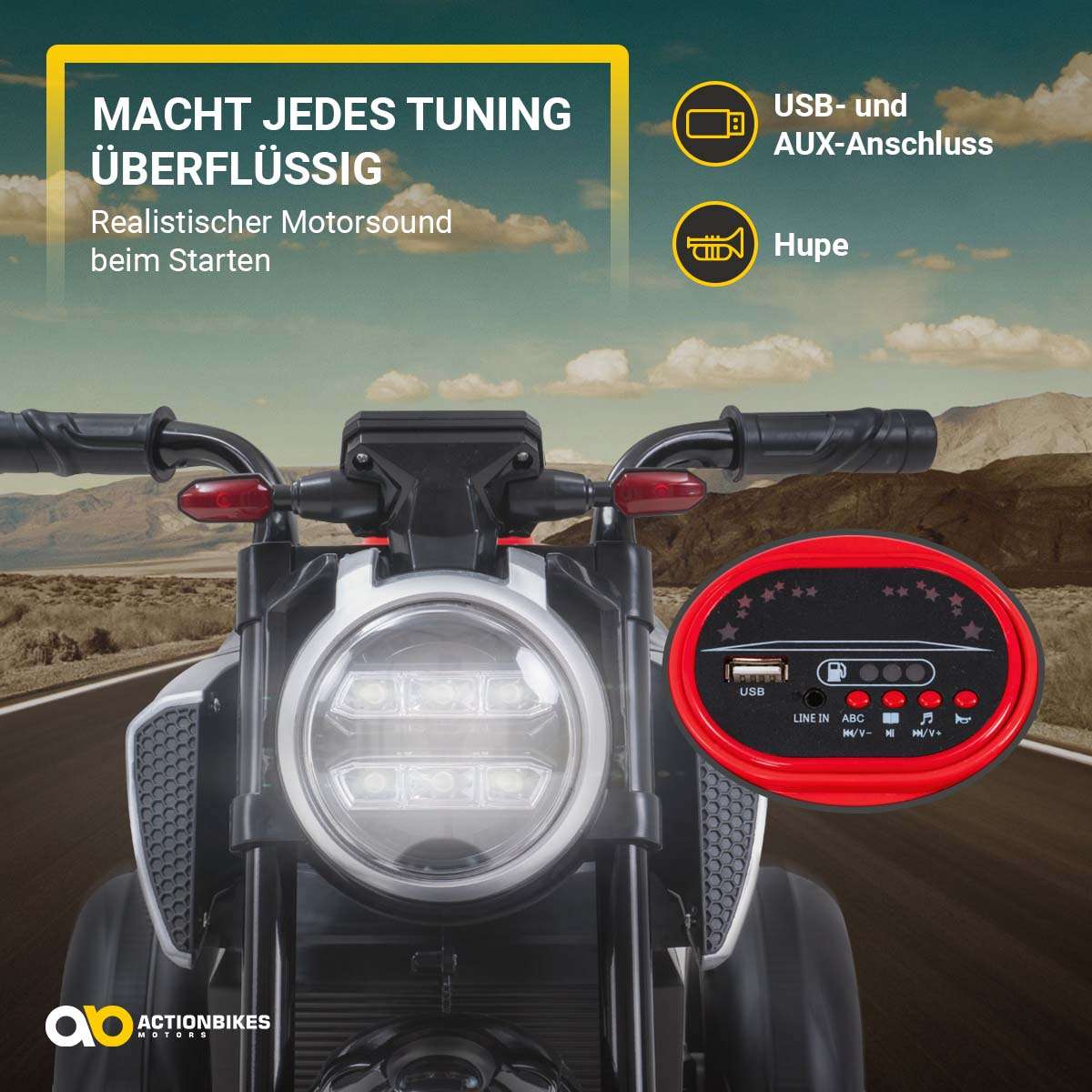 Kindermotorrad Cruiserbike, Motorsound, Bremsautomatik, 36 Watt, 2x 6 Volt, Hartplastikreifen, LED