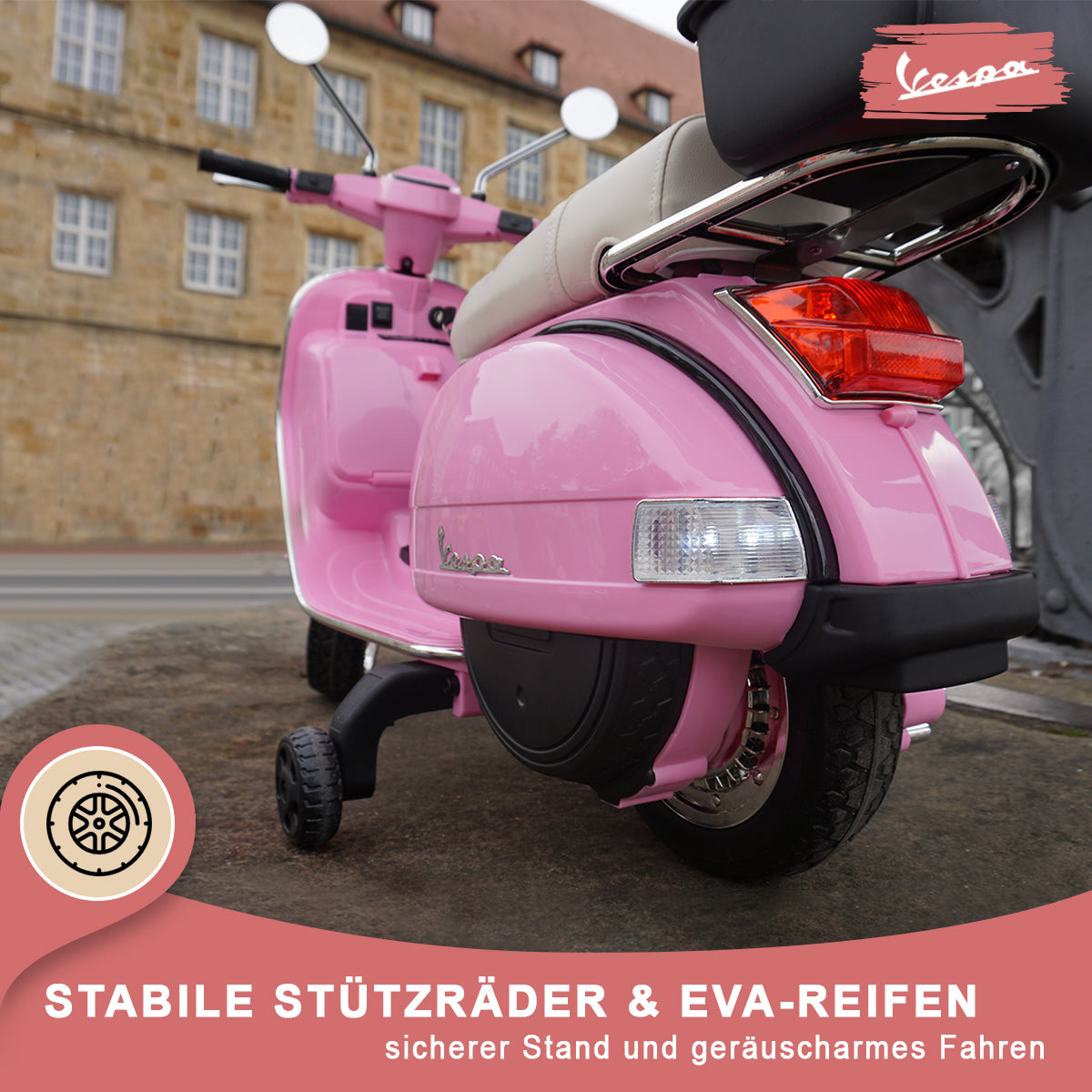 Kinder-Elektroroller Vespa, lizenziert, EVA-Reifen, LED-Scheinwerfer, Koffer, Soundmodul, Stützräder
