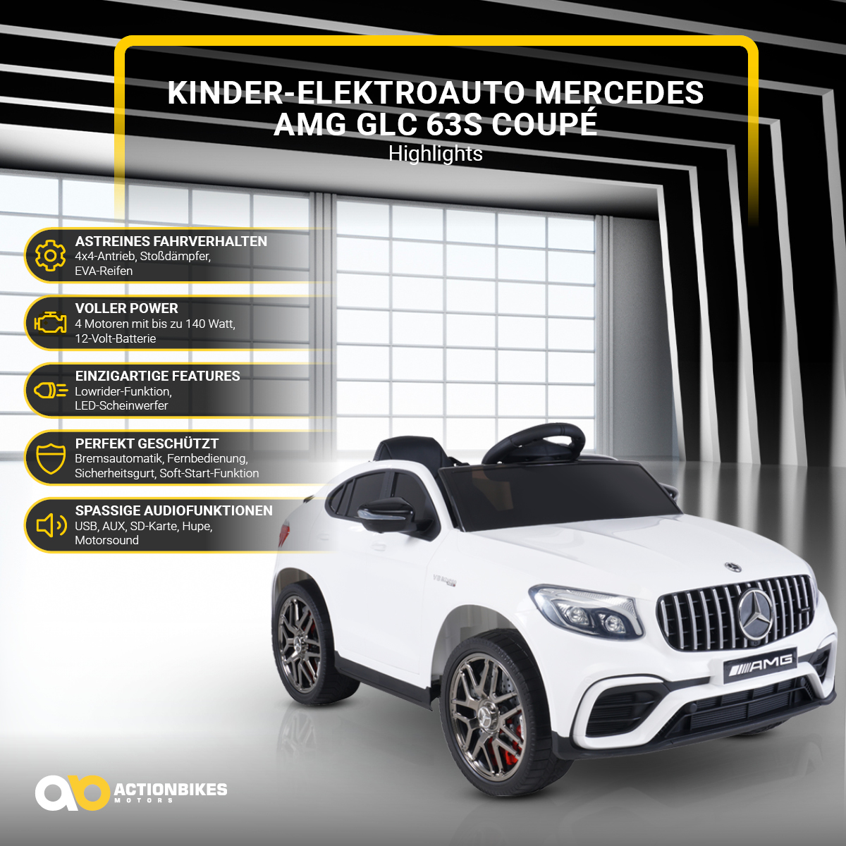 Kinder-Elektroauto Mercedes AMG GLC 63S Coupé, 4x4-Antrieb, Fernbedienung, 140 Watt, LED, EVA-Reifen