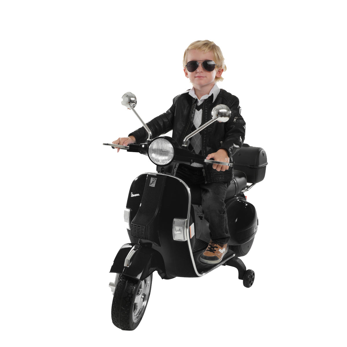 Kinder-Elektroroller Vespa, lizenziert, EVA-Reifen, LED-Scheinwerfer, Koffer, Soundmodul, Stützräder