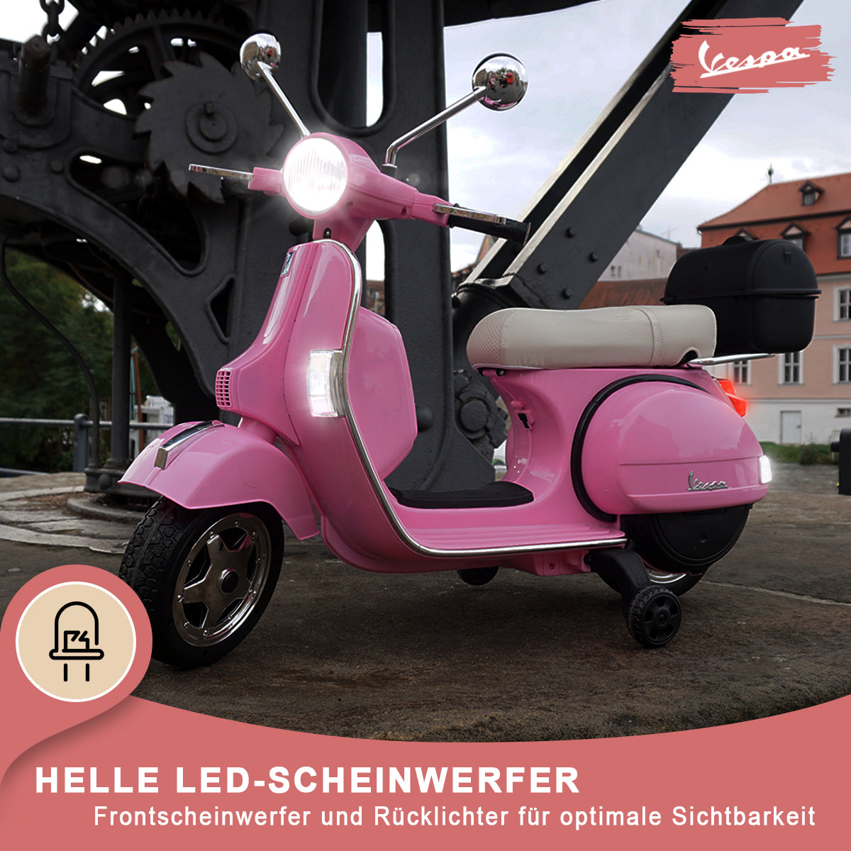 Kinder-Elektroroller Vespa, lizenziert, EVA-Reifen, LED-Scheinwerfer, Koffer, Soundmodul, Stützräder