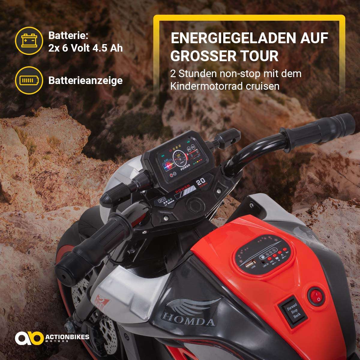 Kindermotorrad Cruiserbike, Motorsound, Bremsautomatik, 36 Watt, 2x 6 Volt, Hartplastikreifen, LED