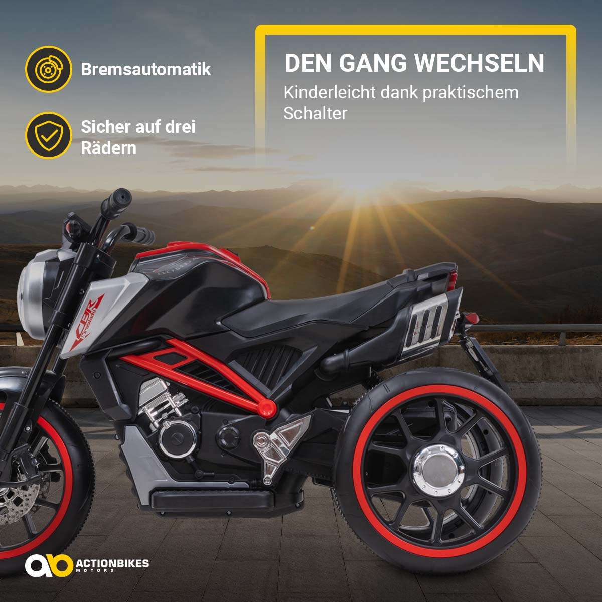 Kindermotorrad Cruiserbike, Motorsound, Bremsautomatik, 36 Watt, 2x 6 Volt, Hartplastikreifen, LED