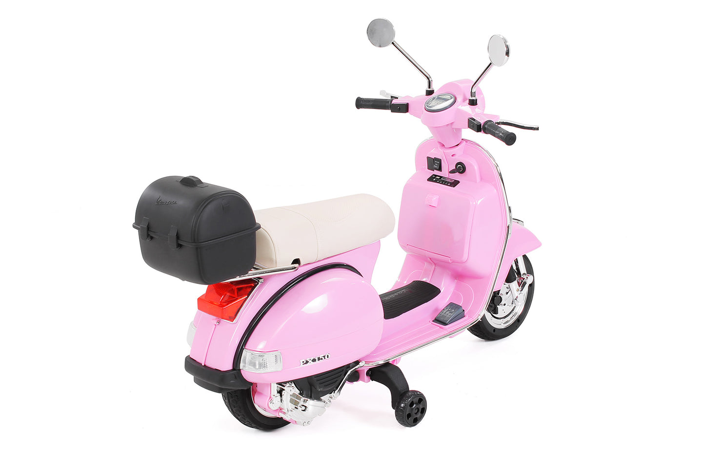Kinder-Elektroroller Vespa, lizenziert, EVA-Reifen, LED-Scheinwerfer, Koffer, Soundmodul, Stützräder
