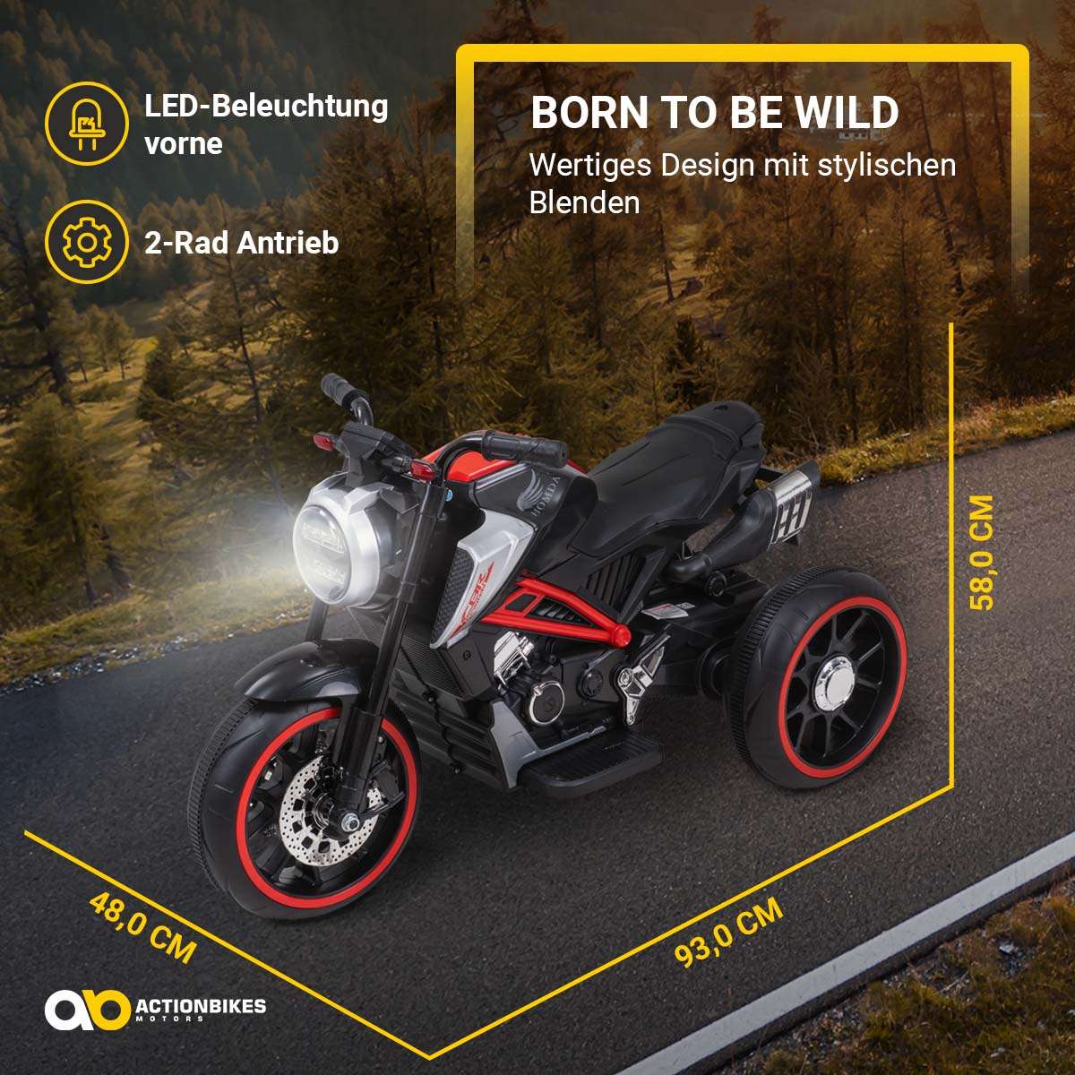 Kindermotorrad Cruiserbike, Motorsound, Bremsautomatik, 36 Watt, 2x 6 Volt, Hartplastikreifen, LED