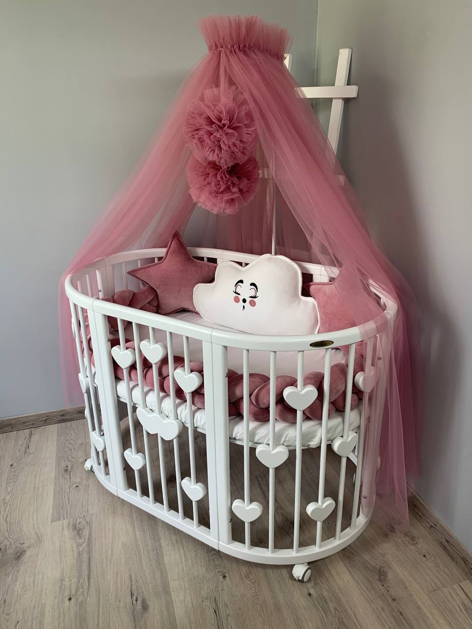 Ovales, verwandelbares Bett SMART BED mit Herzmotiven, 9-in-1, Farbe Grau