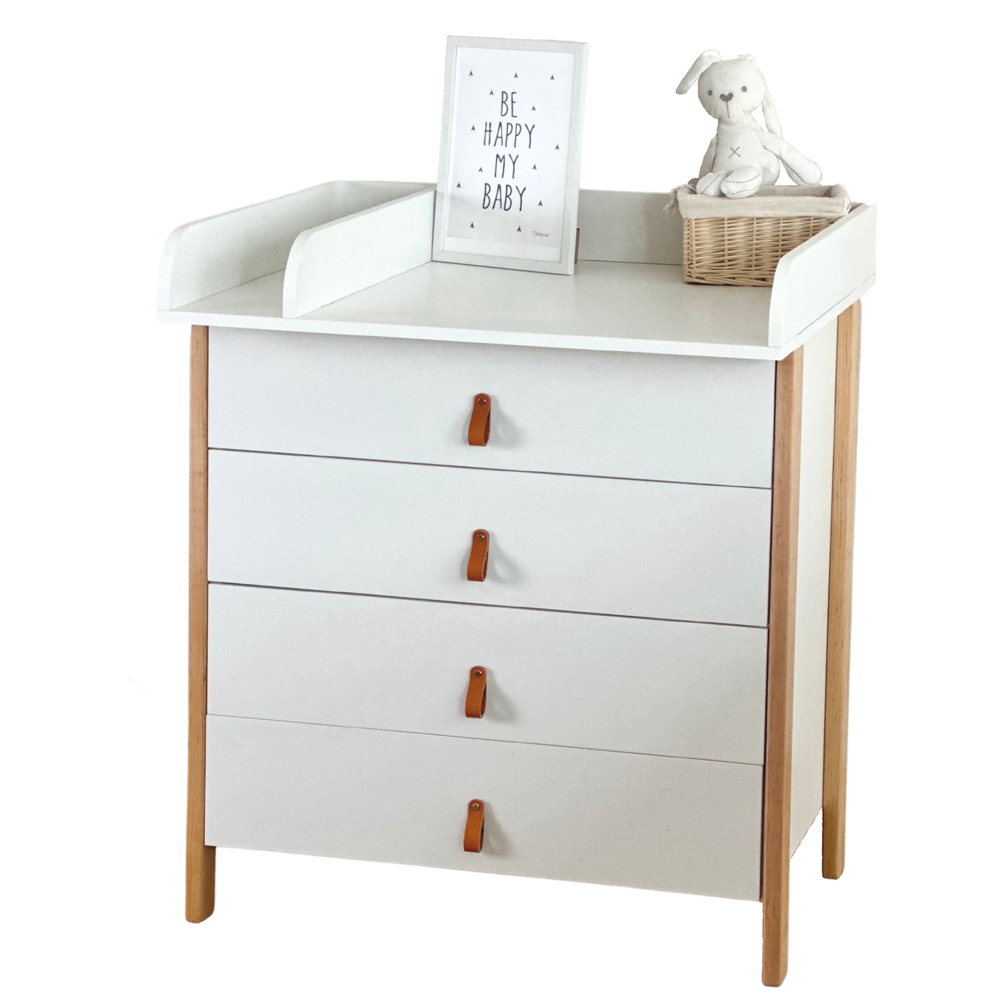 Skandinavische Kommode mit abnehmbarem Wickelaufsatz, weiß + naturfarben