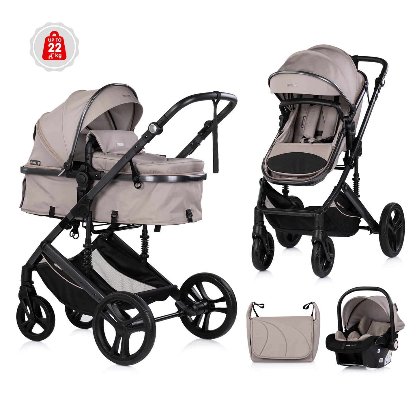 3-in-1 VERWANDELBARER KINDERWAGEN „AMORE“ LATTE