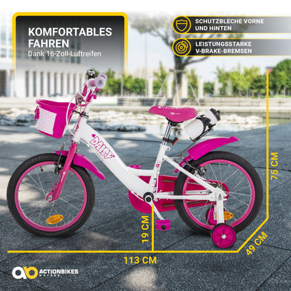 Kinderfahrrad Daisy 16 Zoll, pink, Stützräder, Korb, V-Brake-Bremsen, Antirutschgriffe