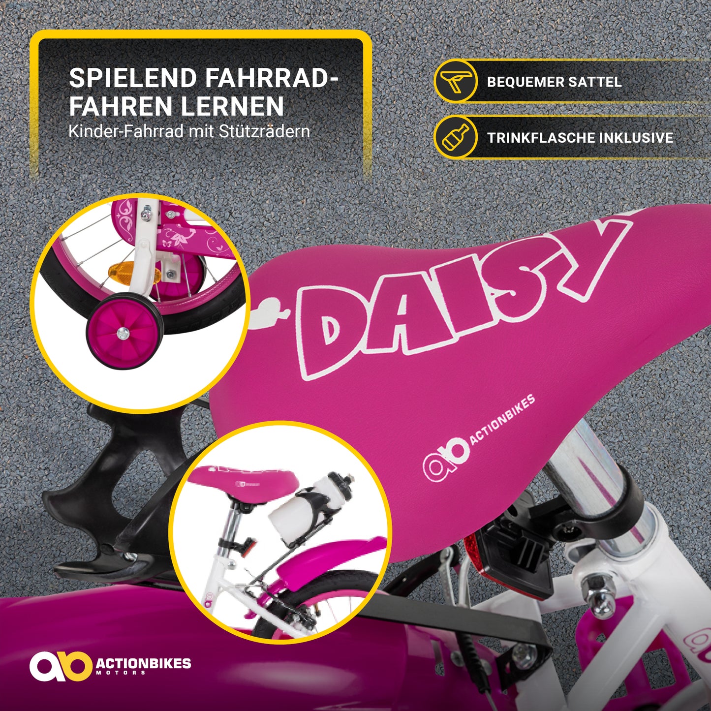 Kinderfahrrad Daisy 16 Zoll, pink, Stützräder, Korb, V-Brake-Bremsen, Antirutschgriffe