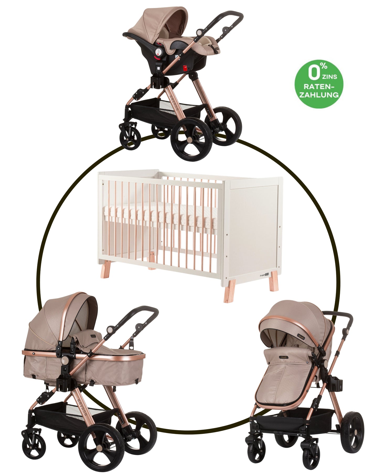 BUNDLE SET NUMMER 3: 3-in-1 Kinderwagen „HAVANA BEIGE“ + BABYBETT AVA 120cm X 60cm inkl. Matratze