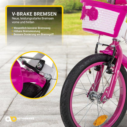Kinderfahrrad Daisy 16 Zoll, pink, Stützräder, Korb, V-Brake-Bremsen, Antirutschgriffe