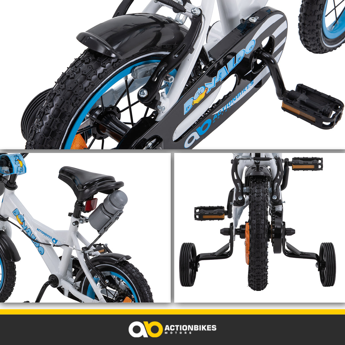 Kinderfahrrad Donaldo 12 Zoll, V-Brake-Bremsen, höhenverstellbar, Stützräder, Korb
