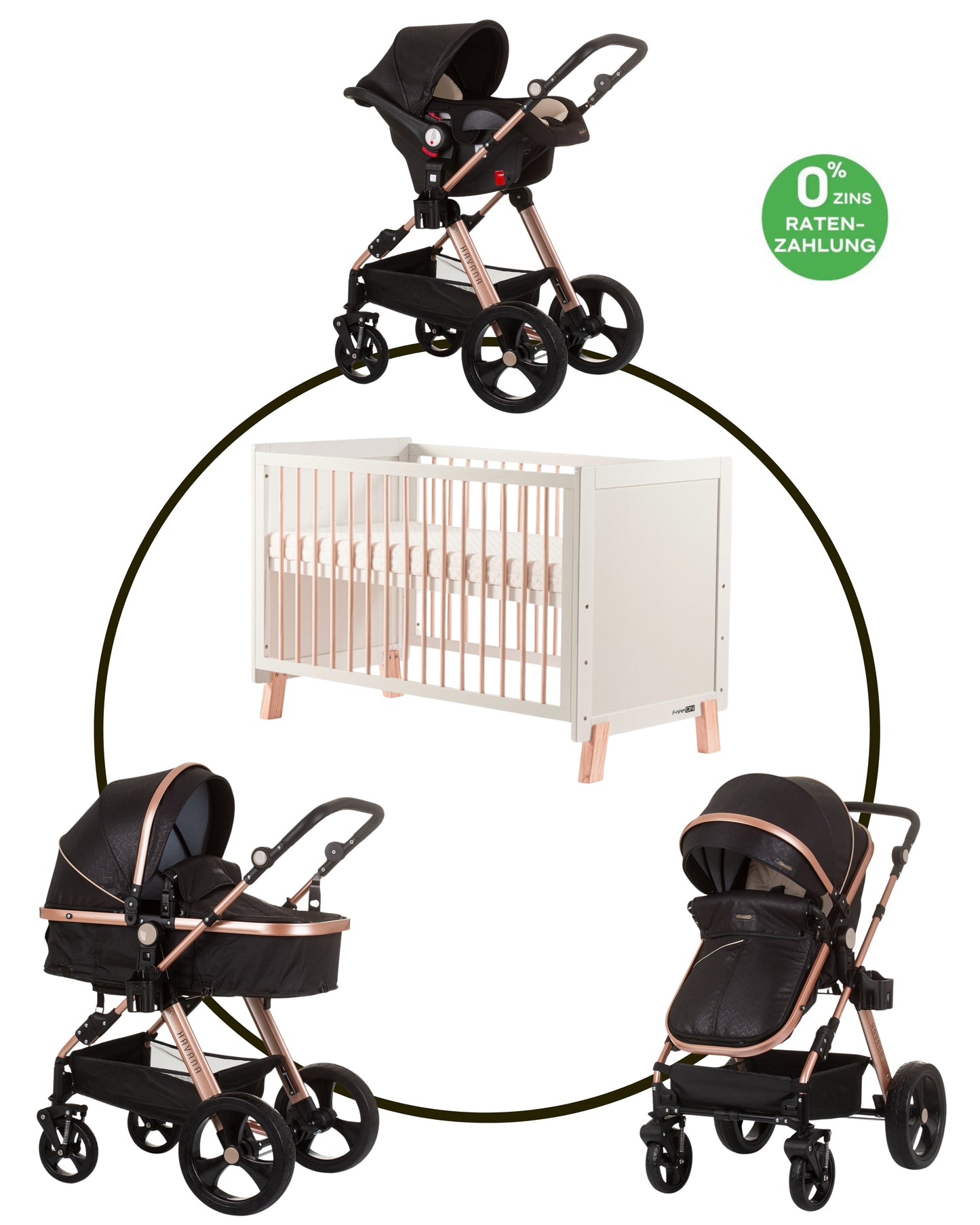 BUNDLE SET NUMMER 2: 3-in-1 Kinderwagen „HAVANA BLACK“ + BABYBETT AVA 120cm X 60cm inkl. Matratze