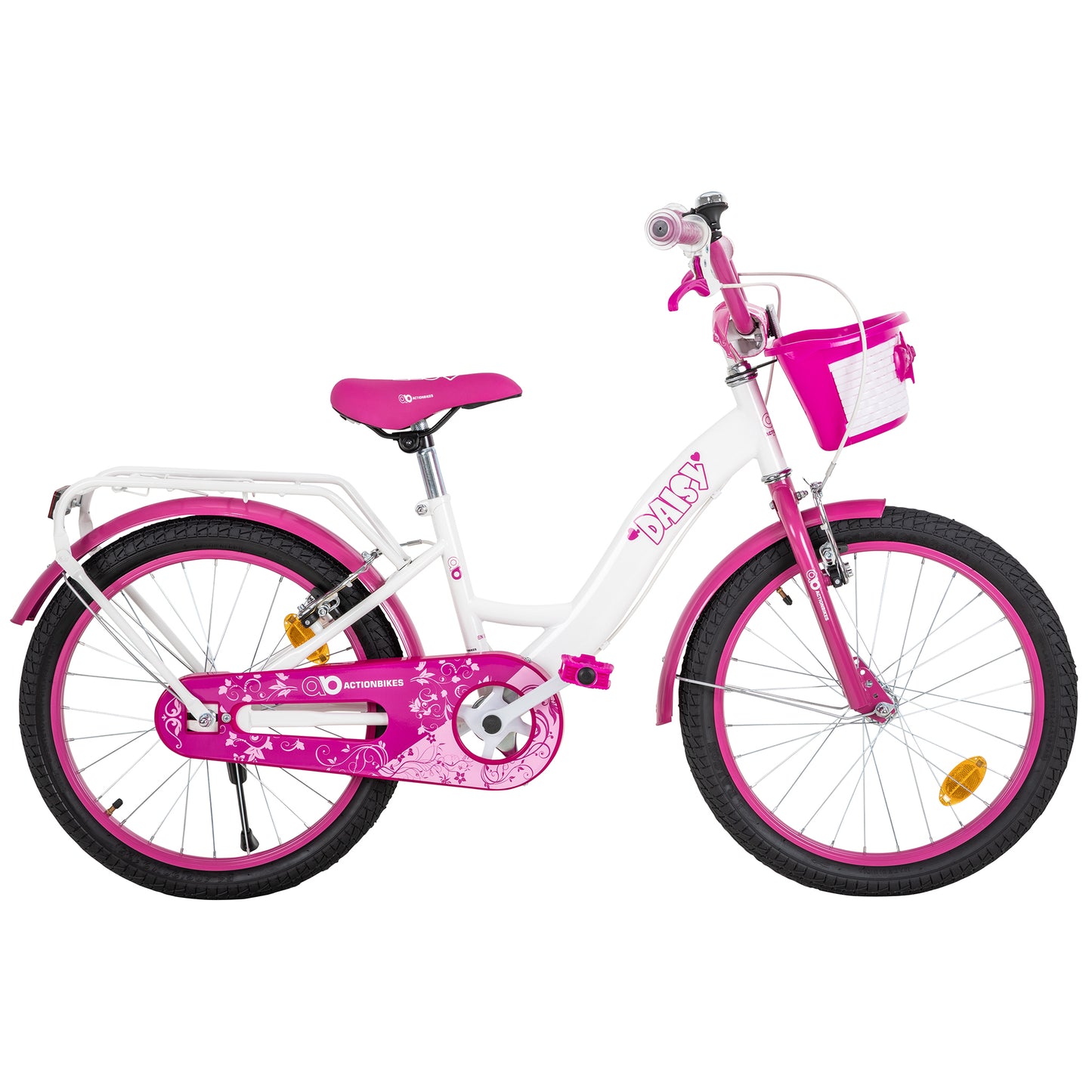 Kinderfahrrad Daisy 20 Zoll, pink, V-Brake-Bremsen, Antirutschgriffe, Kettenschutz, Korb