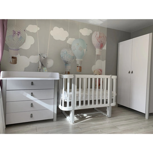 Veres Monaco Kinderzimmer / Möbelset / Babyzimmer (Babybett, Wickelkommode, Schrank) - Weiß Grau