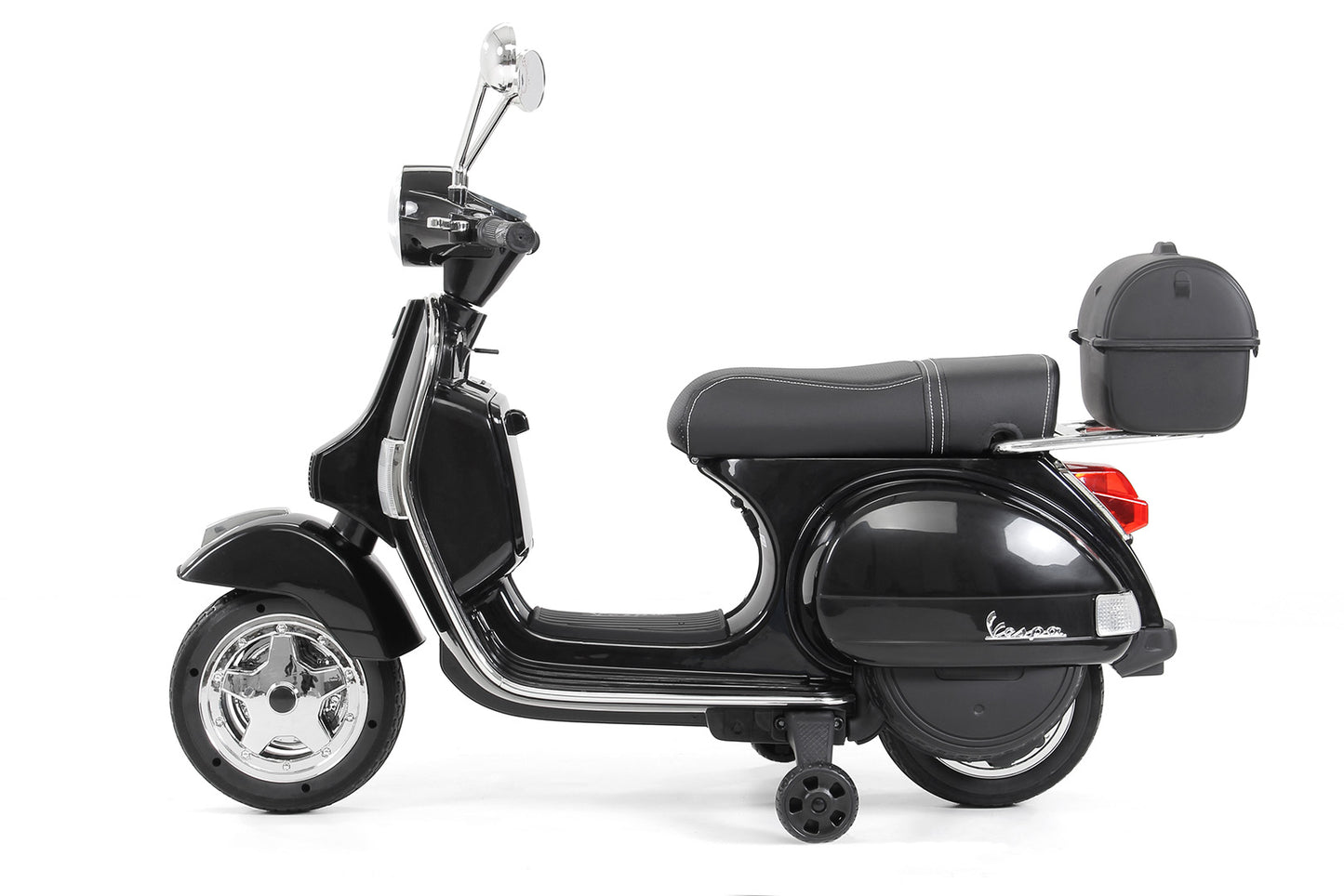 Kinder-Elektroroller Vespa, lizenziert, EVA-Reifen, LED-Scheinwerfer, Koffer, Soundmodul, Stützräder
