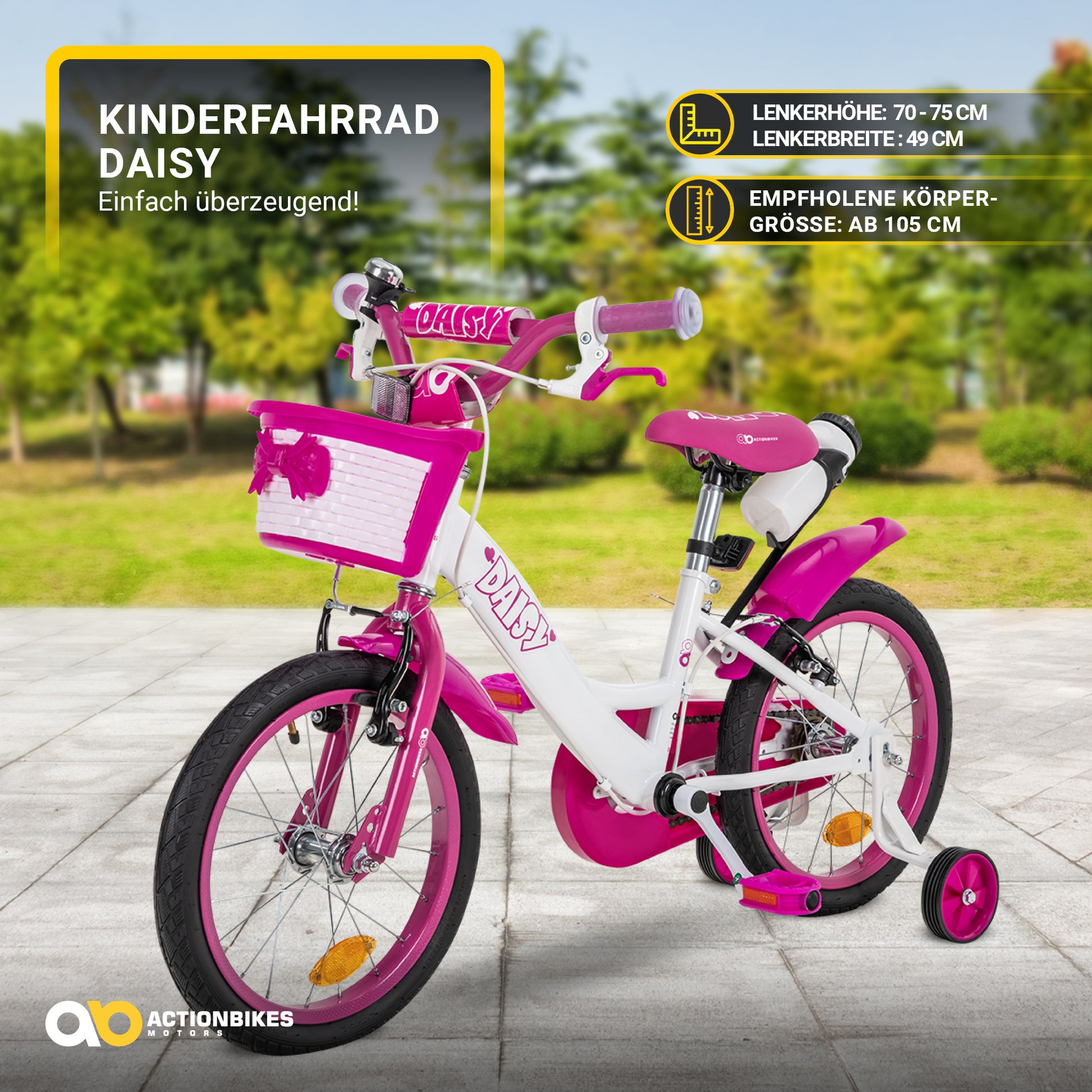 Kinderfahrrad Daisy 16 Zoll, pink, Stützräder, Korb, V-Brake-Bremsen, – Die Kinderwelt