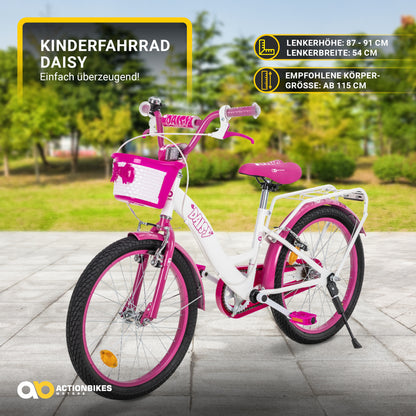 Kinderfahrrad Daisy 20 Zoll, pink, V-Brake-Bremsen, Antirutschgriffe, Kettenschutz, Korb