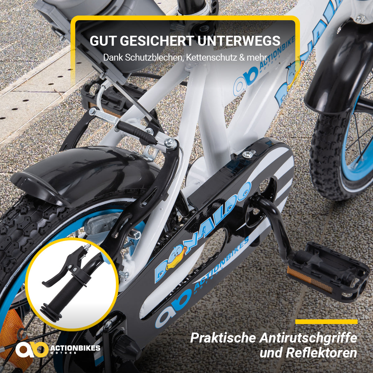 Kinderfahrrad Donaldo 12 Zoll, V-Brake-Bremsen, höhenverstellbar, Stützräder, Korb