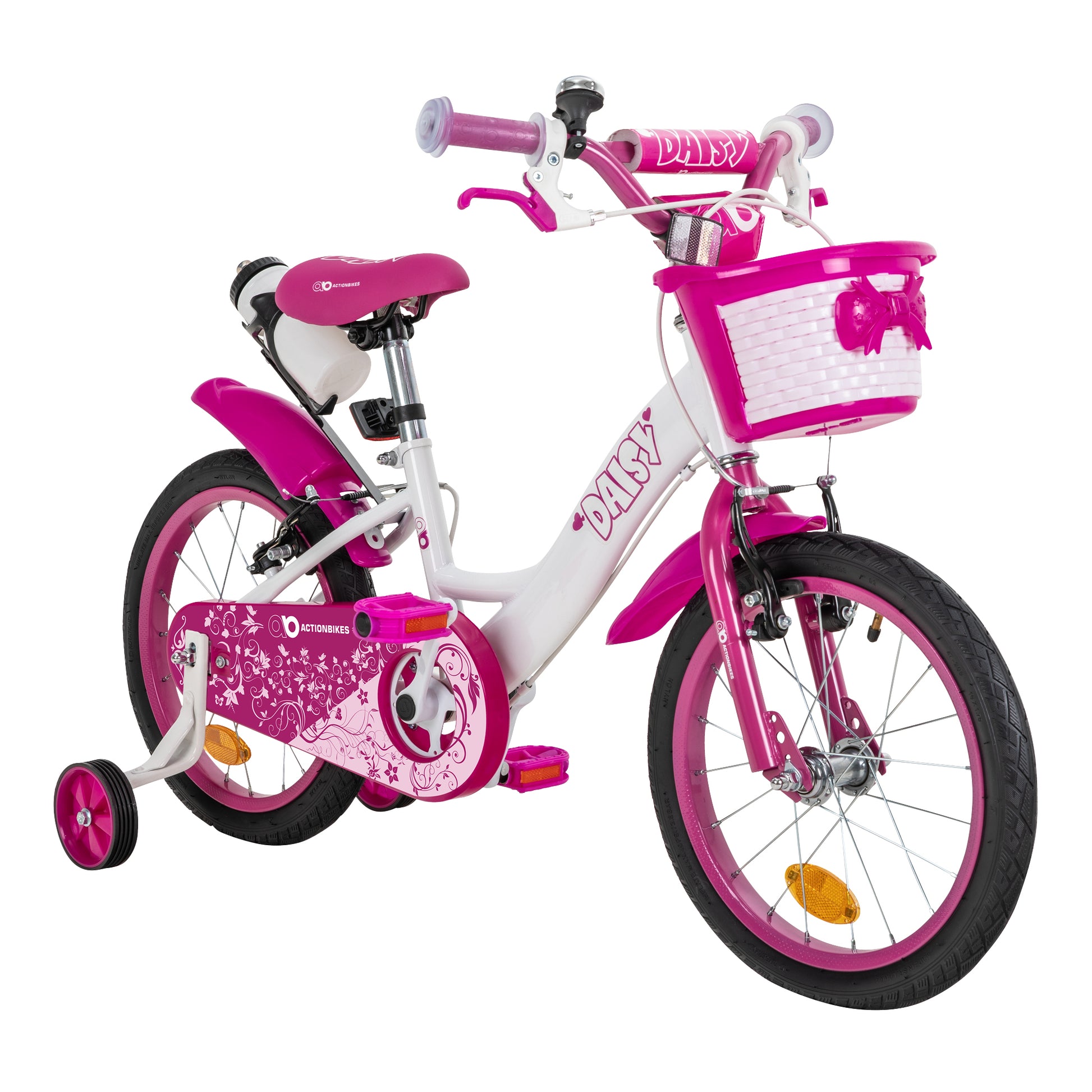 Kinderfahrrad Daisy 16 Zoll, pink, Stützräder, Korb, V-Brake-Bremsen, – Die Kinderwelt