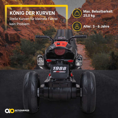 Kindermotorrad Cruiserbike, Motorsound, Bremsautomatik, 36 Watt, 2x 6 Volt, Hartplastikreifen, LED
