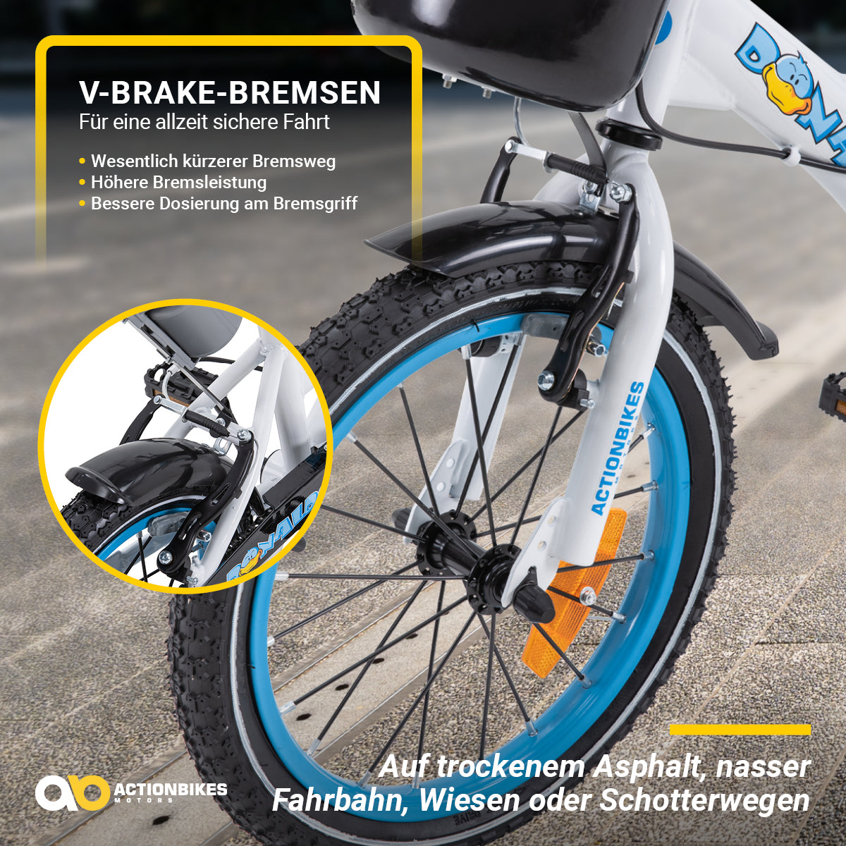 Kinderfahrrad Donaldo 16 Zoll, V-Brake-Bremsen, höhenverstellbar, Stützräder, Korb