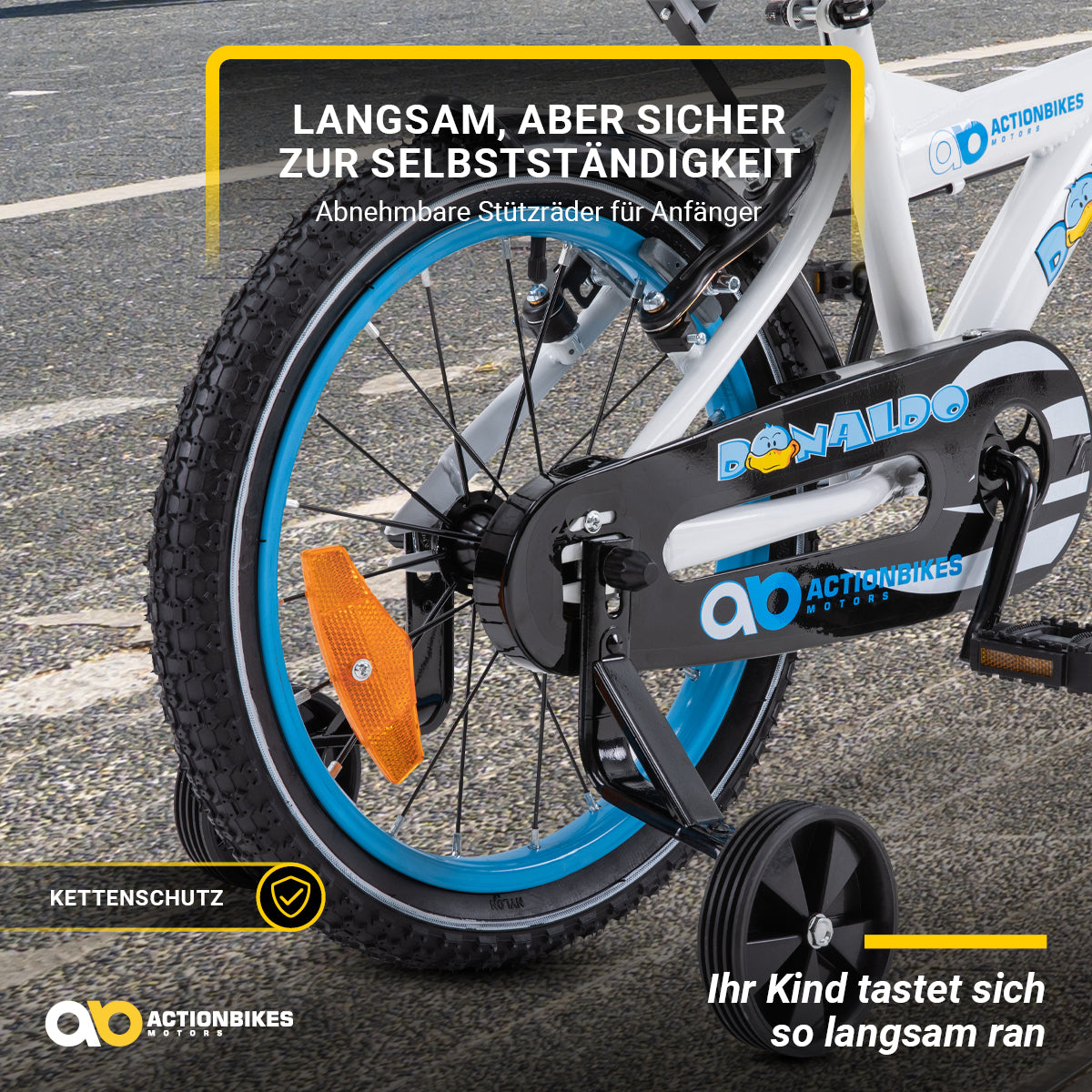 Kinderfahrrad Donaldo 16 Zoll, V-Brake-Bremsen, höhenverstellbar, Stützräder, Korb