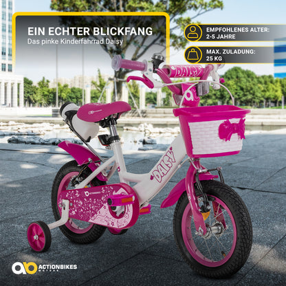 Kinderfahrrad Daisy 12 Zoll, pink, Stützräder, Korb, V-Brake-Bremsen, Antirutschgriffe