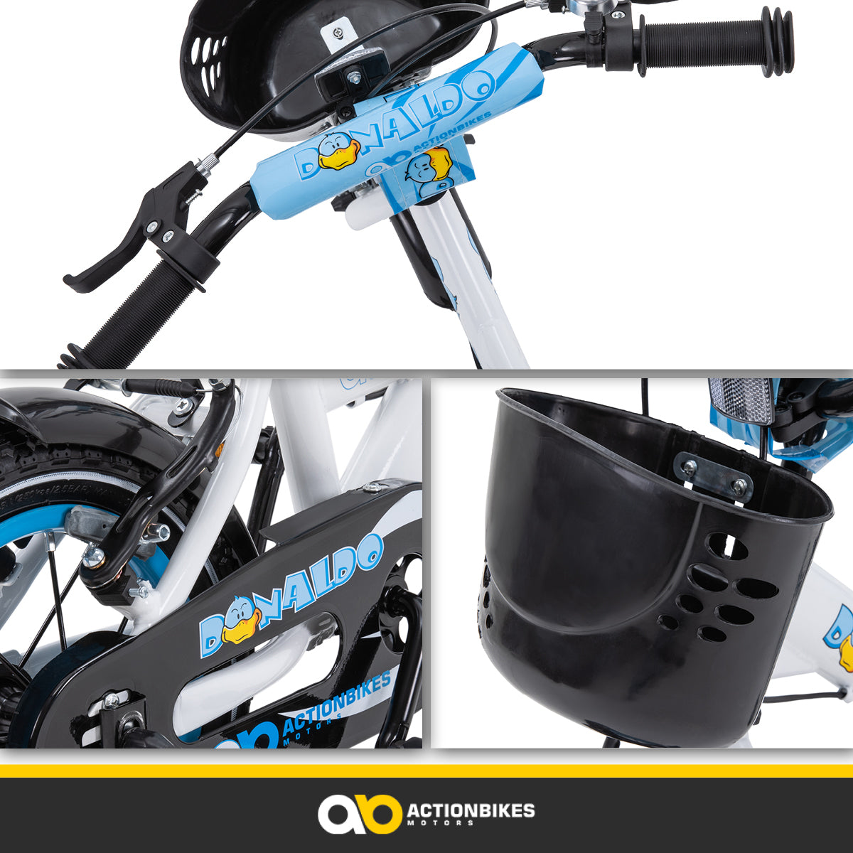 Kinderfahrrad Donaldo 12 Zoll, V-Brake-Bremsen, höhenverstellbar, Stützräder, Korb