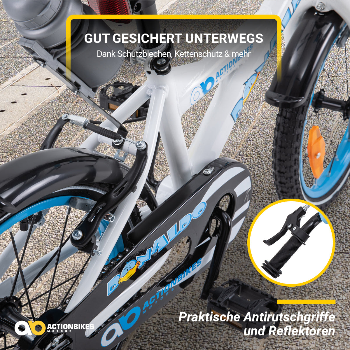 Kinderfahrrad Donaldo 16 Zoll, V-Brake-Bremsen, höhenverstellbar, Stützräder, Korb