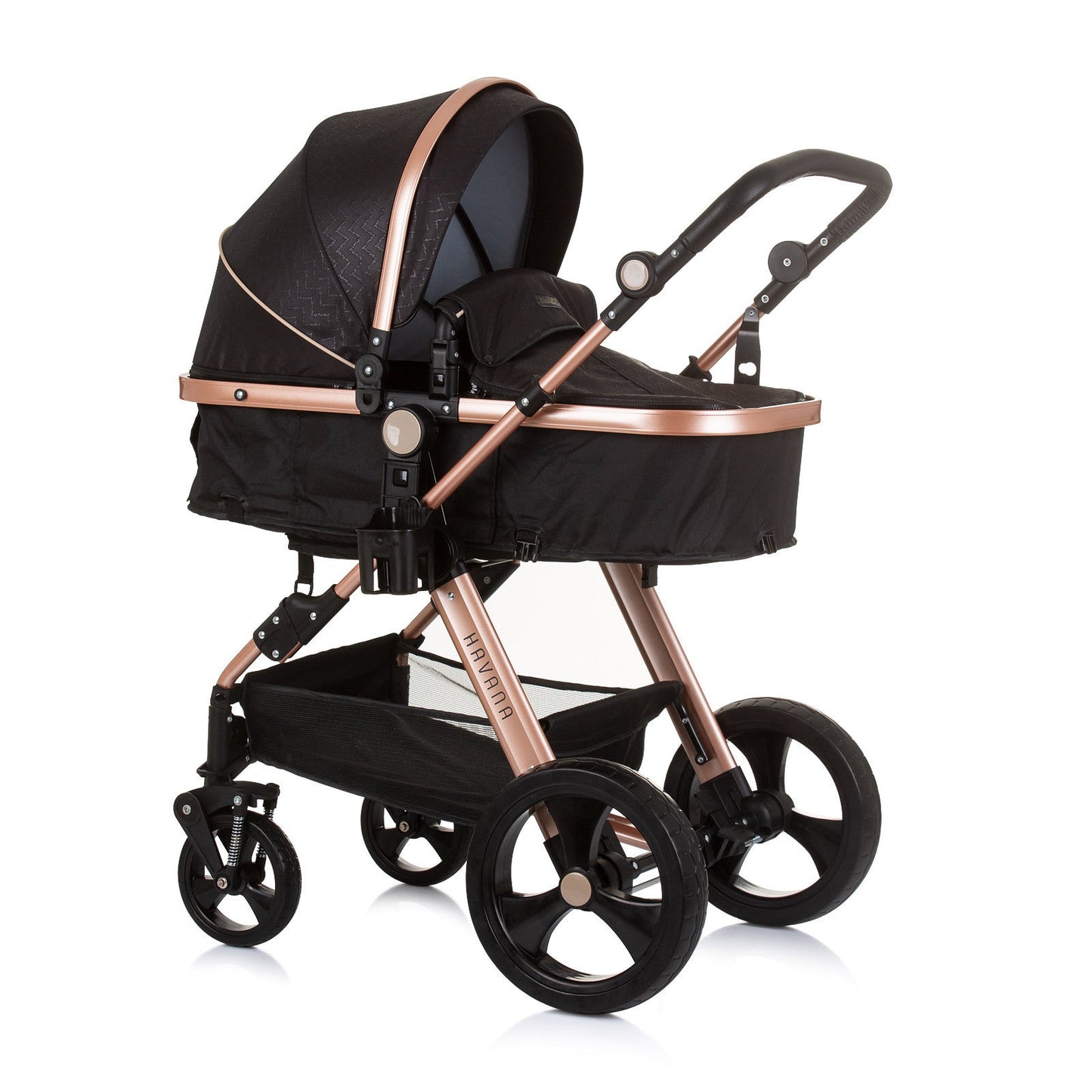 BUNDLE SET NUMMER 2: 3-in-1 Kinderwagen „HAVANA BLACK“ + BABYBETT AVA 120cm X 60cm inkl. Matratze