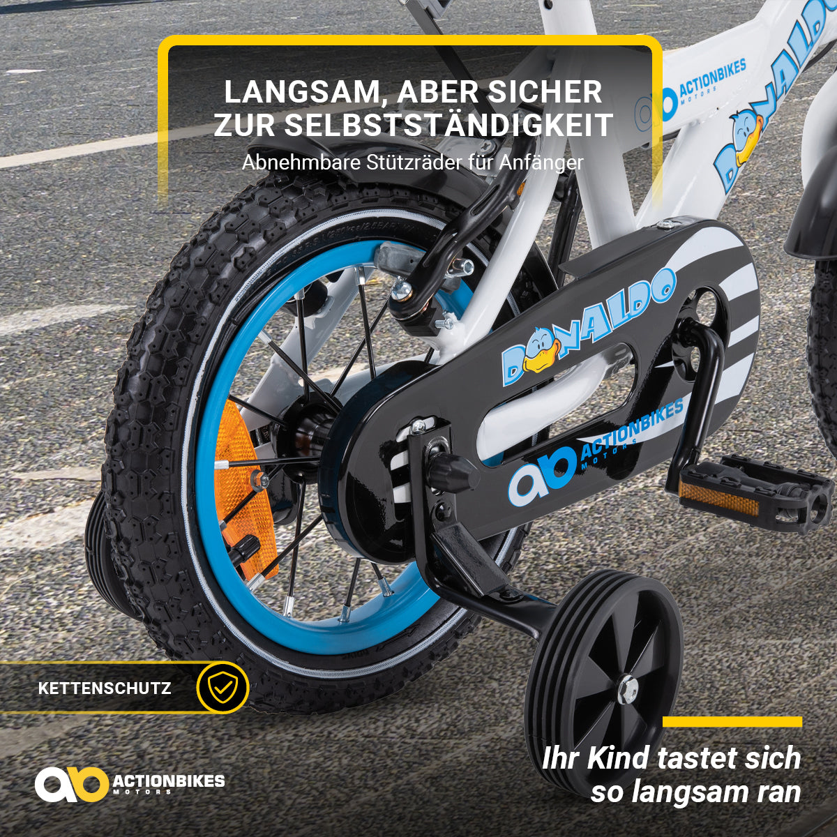 Kinderfahrrad Donaldo 12 Zoll, V-Brake-Bremsen, höhenverstellbar, Stützräder, Korb