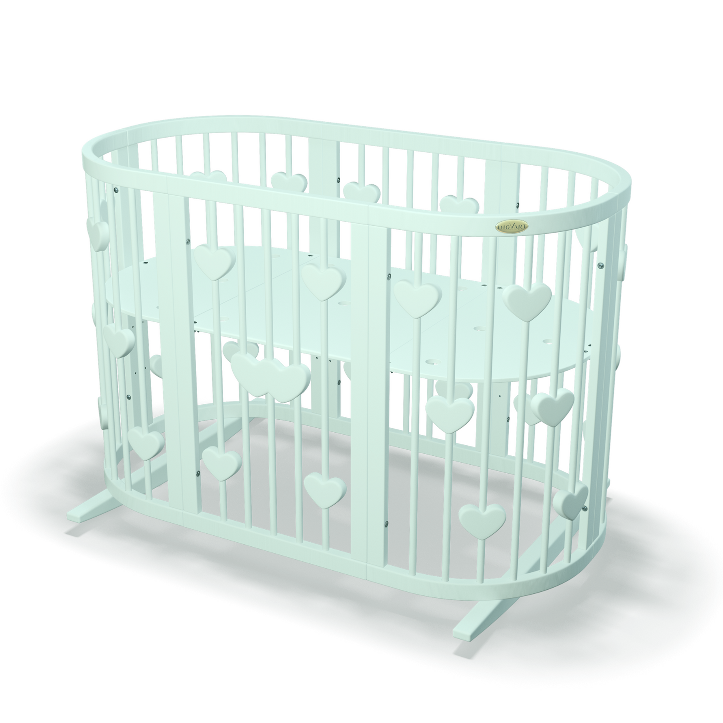 Ovales, verwandelbares SMART BED-Bett mit Herzmotiven, 9-in-1-Funktion, mintfarben