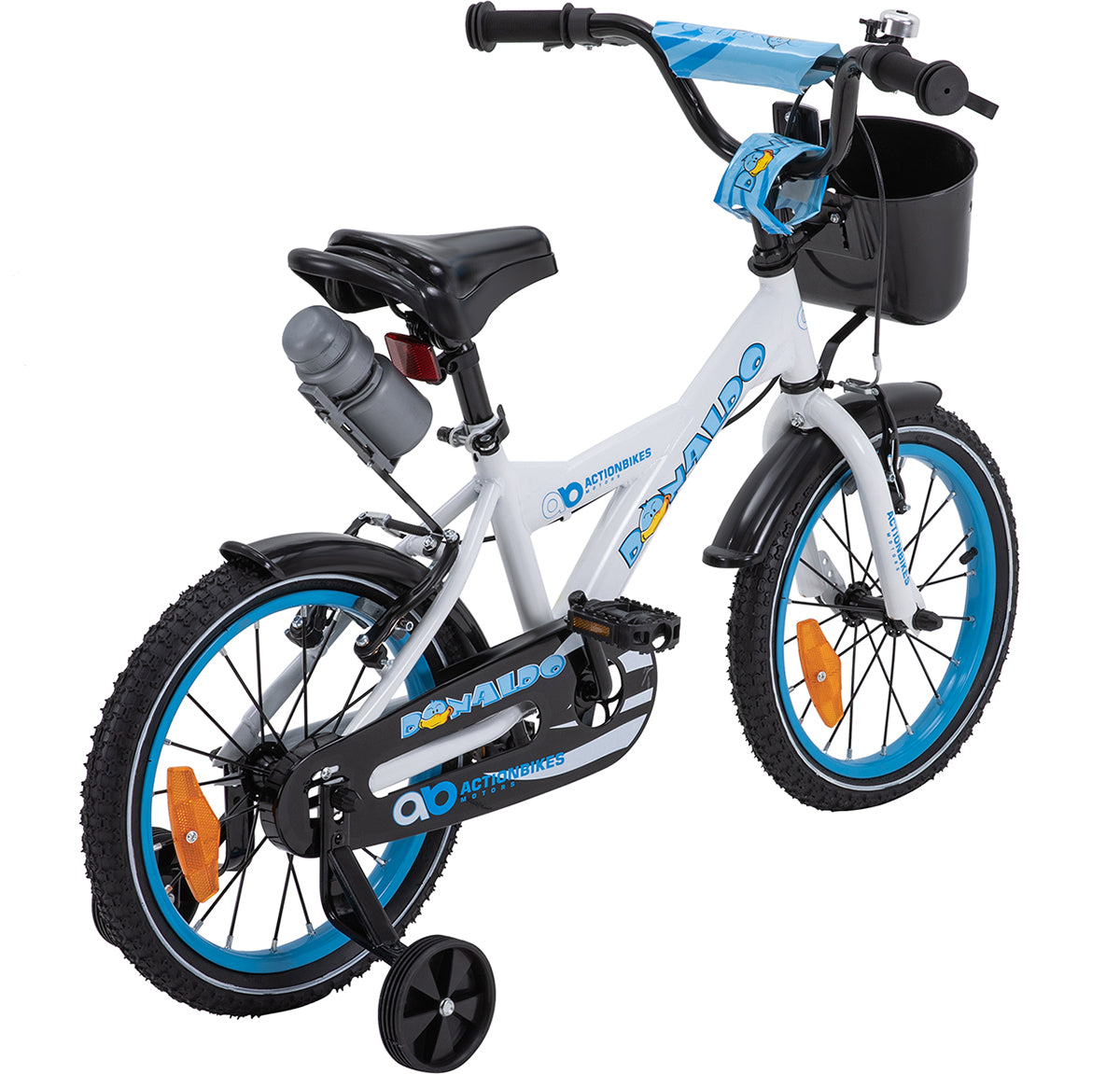 Kinderfahrrad Donaldo 16 Zoll, V-Brake-Bremsen, höhenverstellbar, Stützräder, Korb