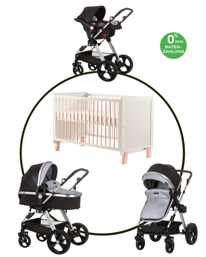 BUNDLE SET NUMMER 6: 3-in-1 Kinderwagen „HAVANA DARK GREY“ + BABYBETT AVA 120cm X 60cm inkl. Matratze