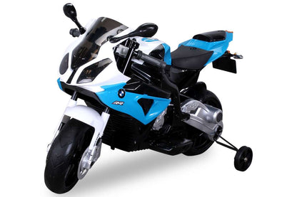Kindermotorrad BMW S 1000 RR, lizenziert, 70 Watt, EVA-Vollgummireifen, Stützräder, 12 V, Soundmodul