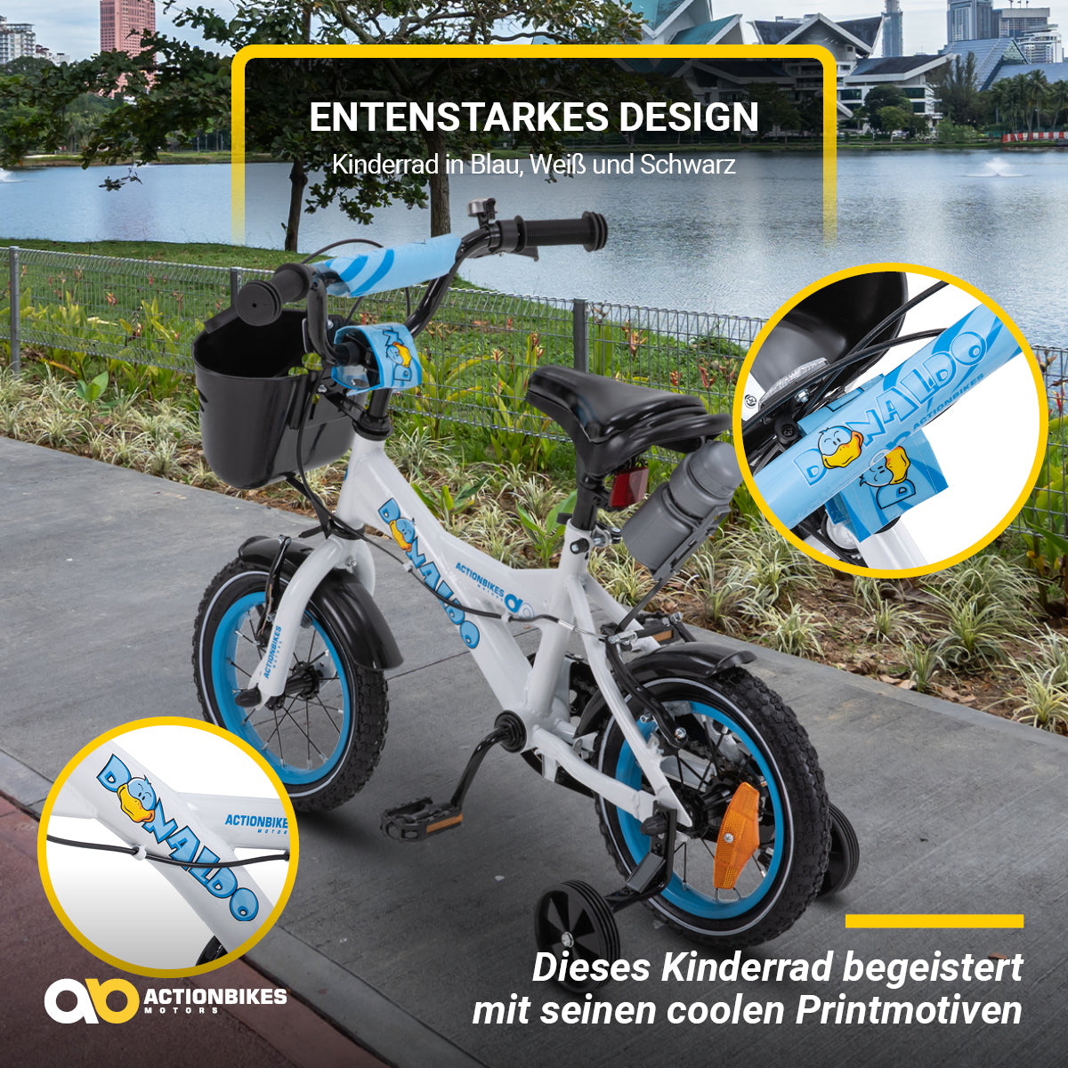 Kinderfahrrad Donaldo 12 Zoll, V-Brake-Bremsen, höhenverstellbar, Stützräder, Korb