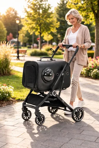 Hunde- und Katzenwagen – Luxuriöser 2-in-1 faltbarer Tierwagen mit abnehmbarem Transportbehälter