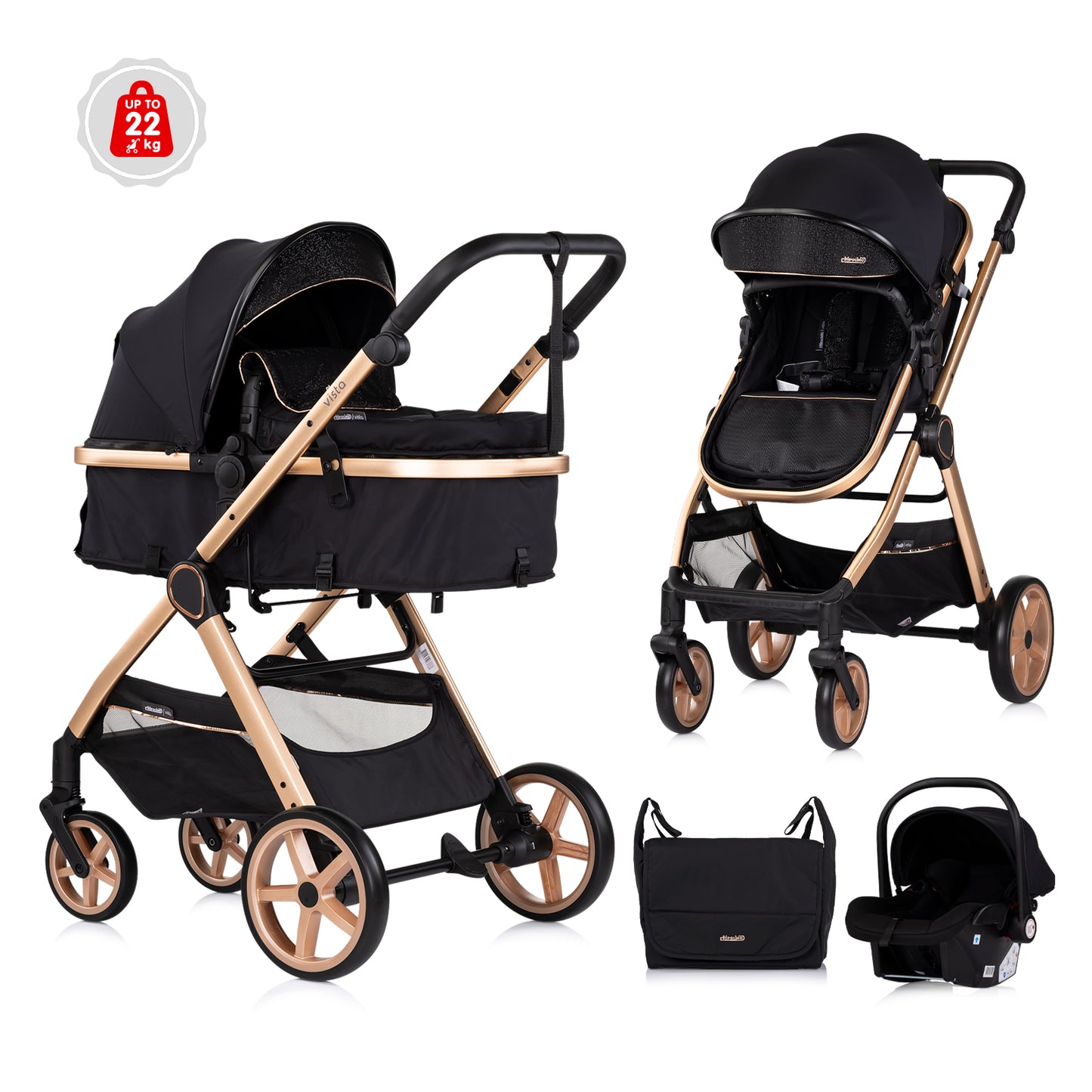 3-in-1 VERWANDELBARER KINDERWAGEN „VISTA“ BROMBEER