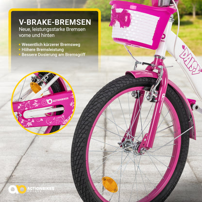 Kinderfahrrad Daisy 20 Zoll, pink, V-Brake-Bremsen, Antirutschgriffe, Kettenschutz, Korb